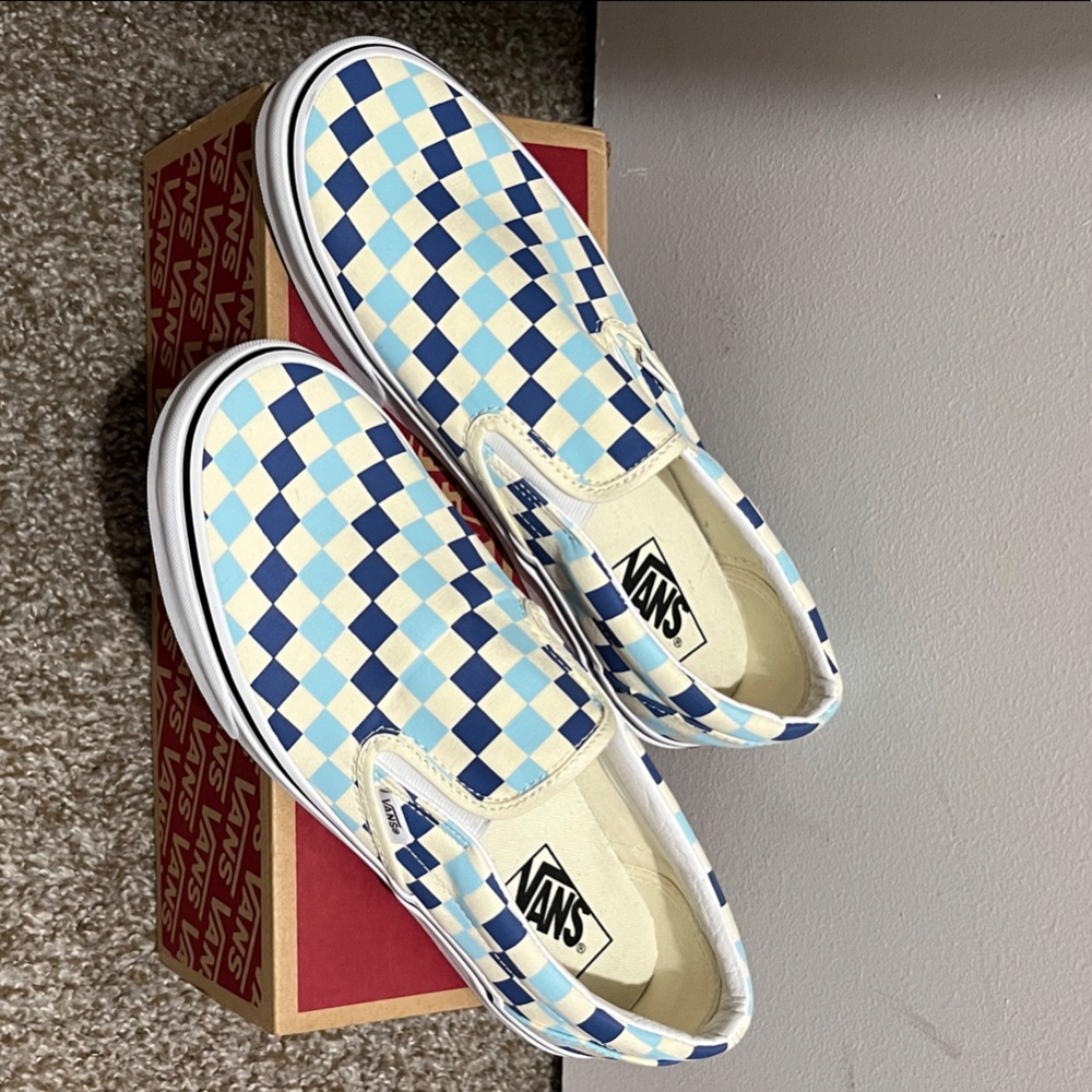 Vans Classic Blue and Cream Checkered Slip-Ons